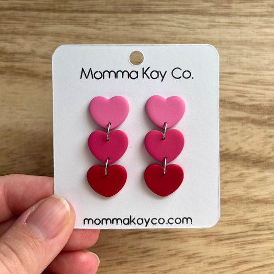 Pink 3 Heart Ombre Dangle Polymer Clay Earrings
