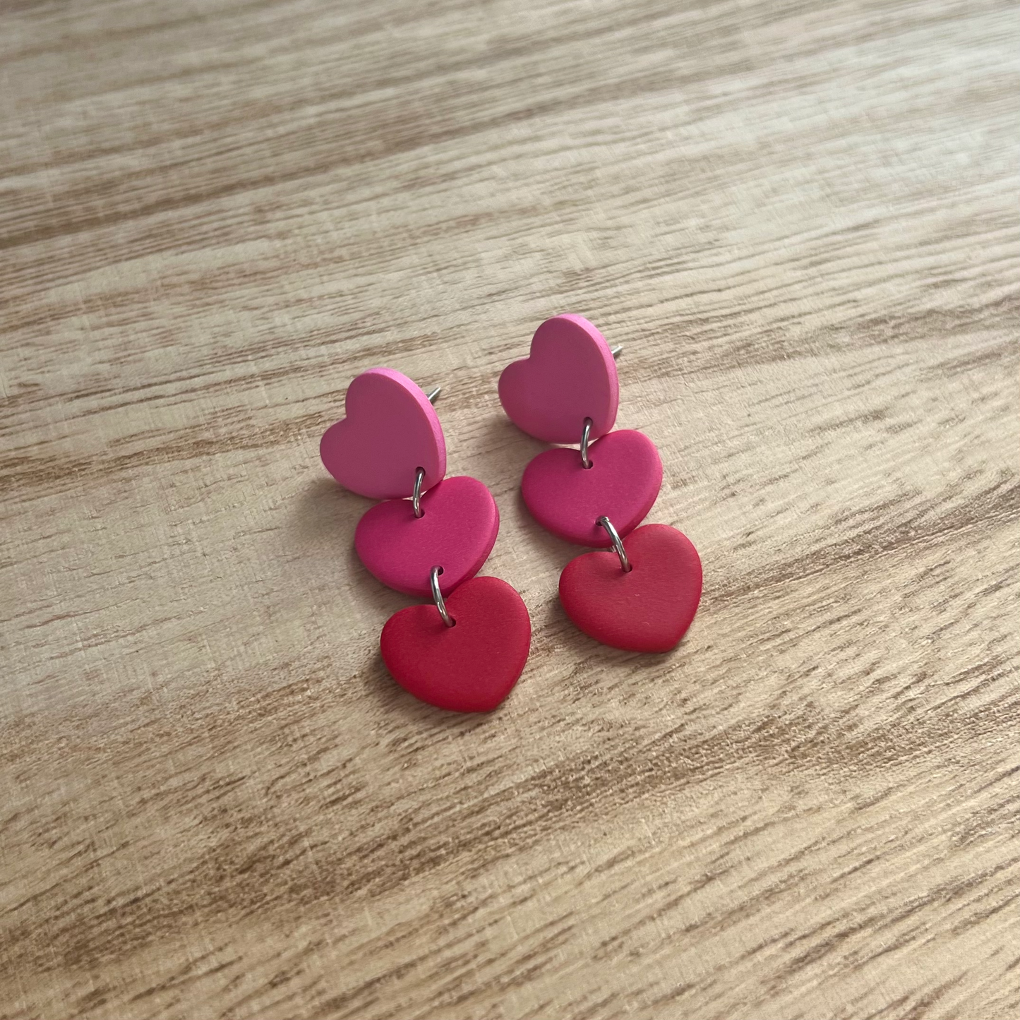 Pink 3 Heart Ombre Dangle Polymer Clay Earrings