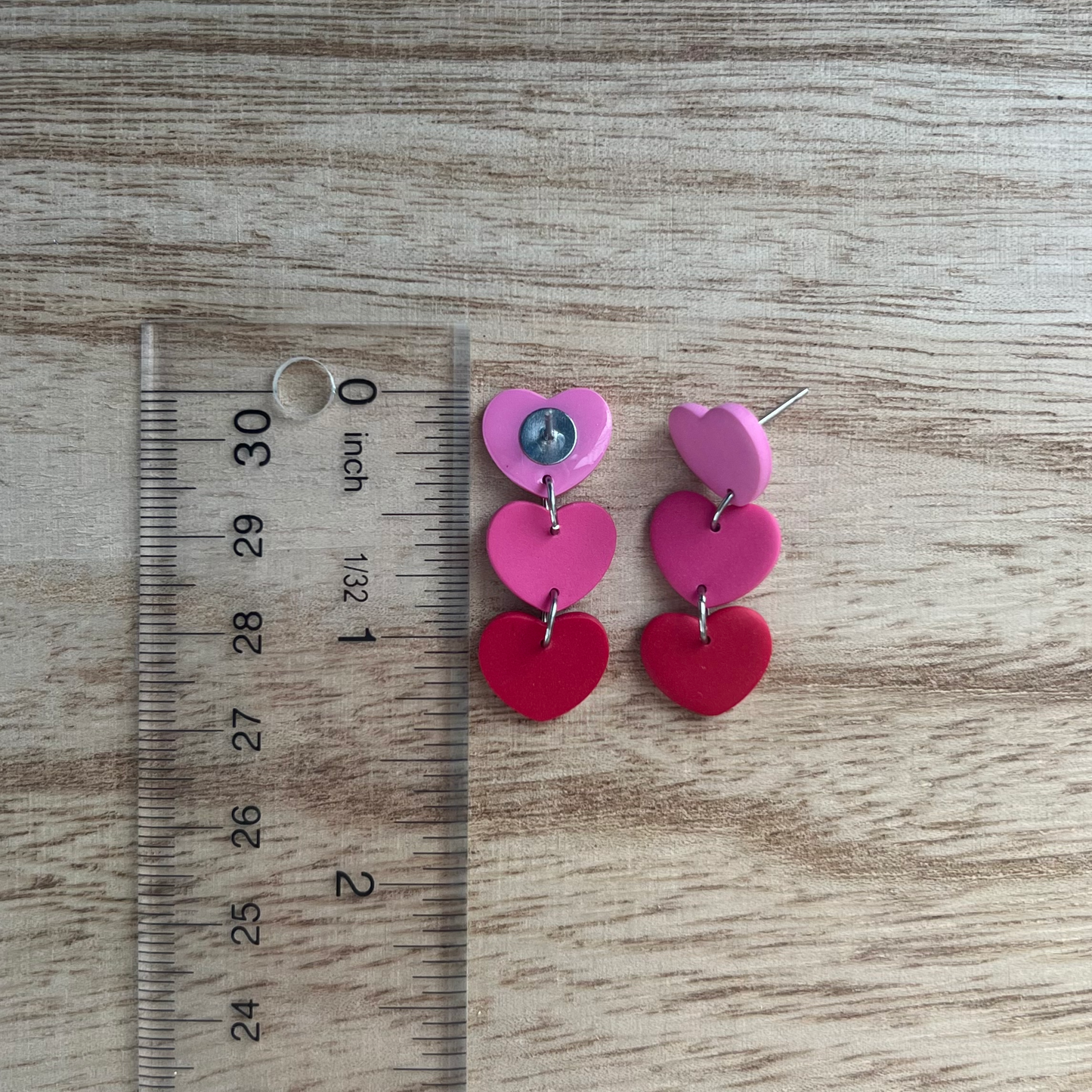 Pink 3 Heart Ombre Dangle Polymer Clay Earrings