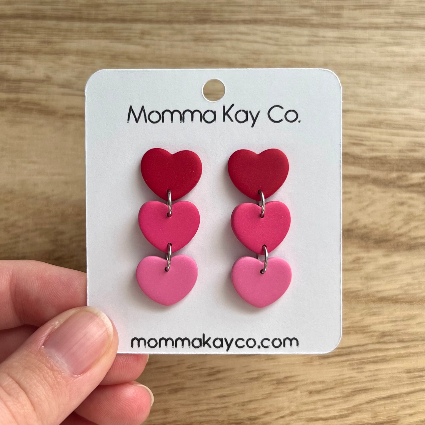 Red 3 Heart Ombre Dangle Polymer Clay Earrings