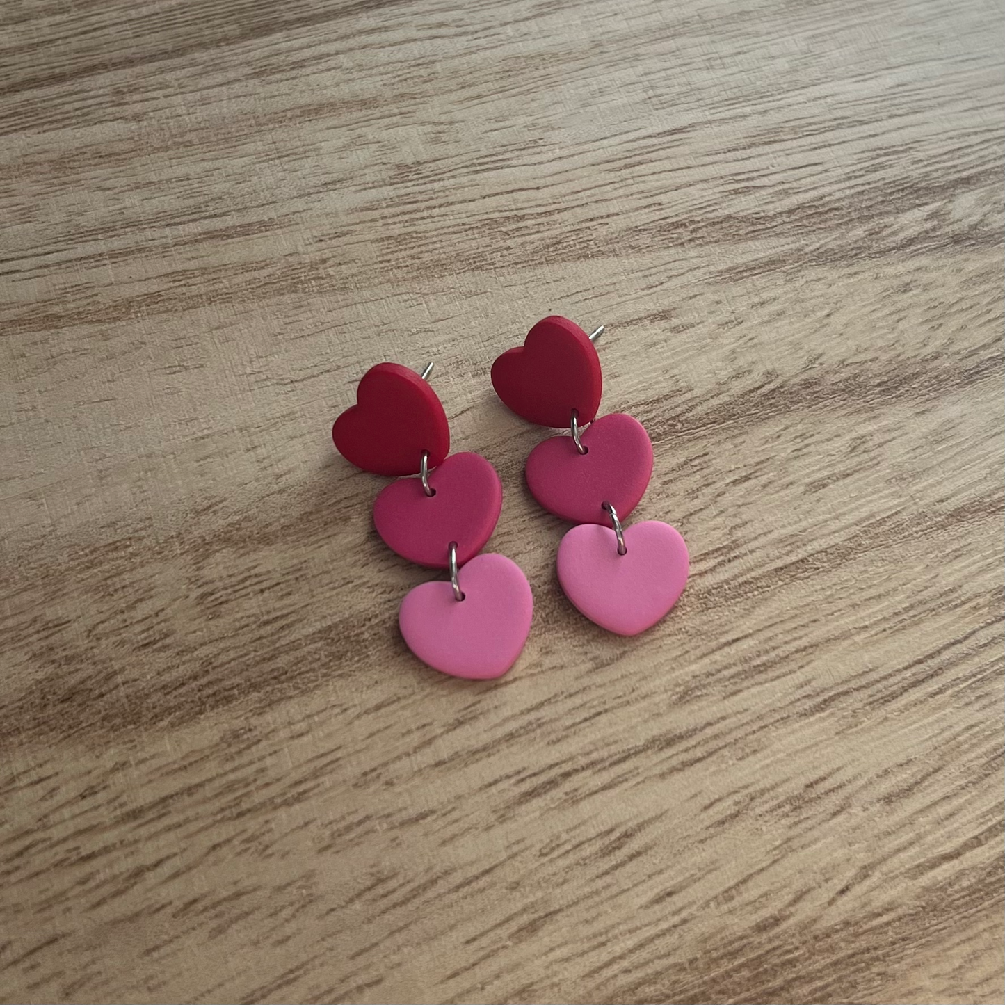 Red 3 Heart Ombre Dangle Polymer Clay Earrings