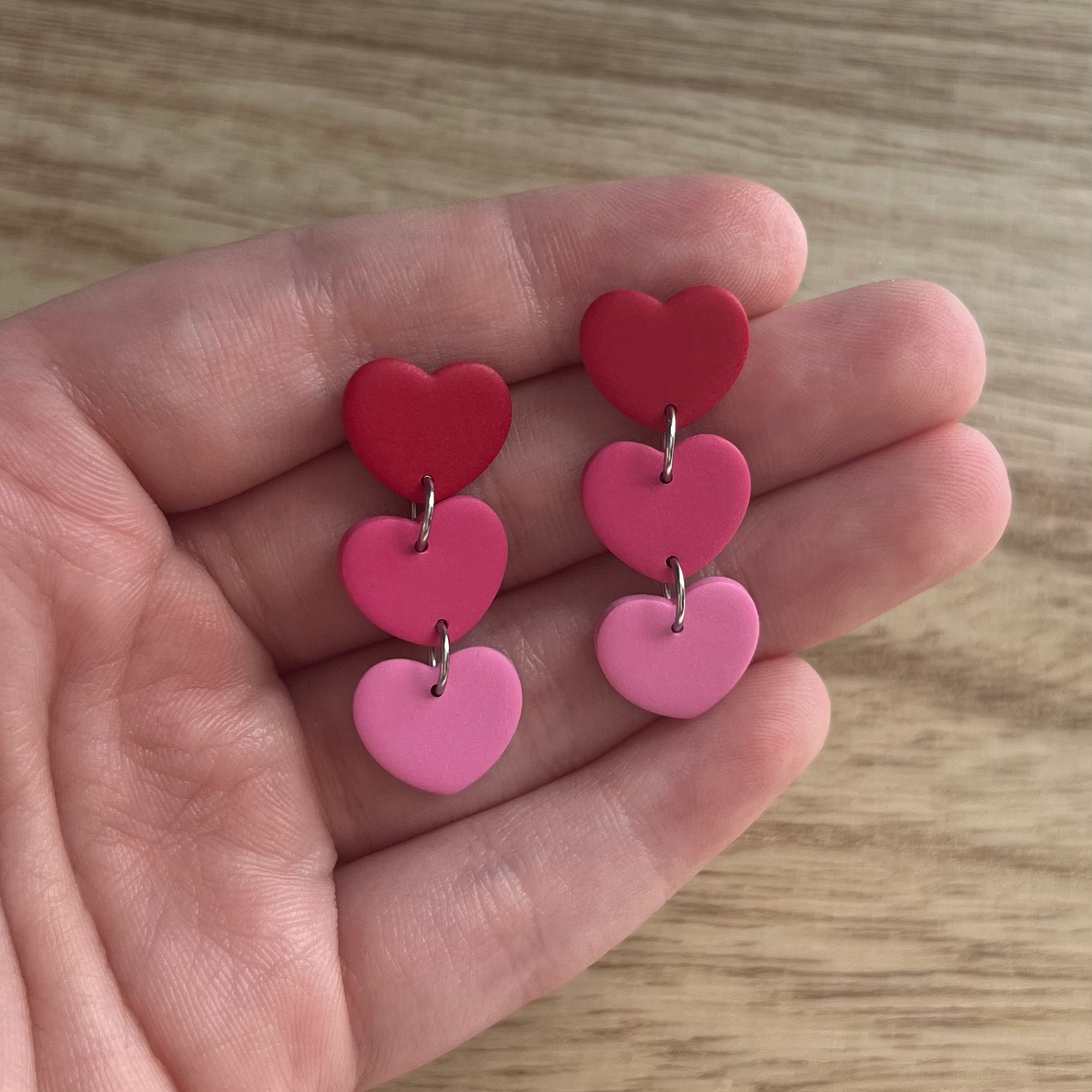 Red 3 Heart Ombre Dangle Polymer Clay Earrings