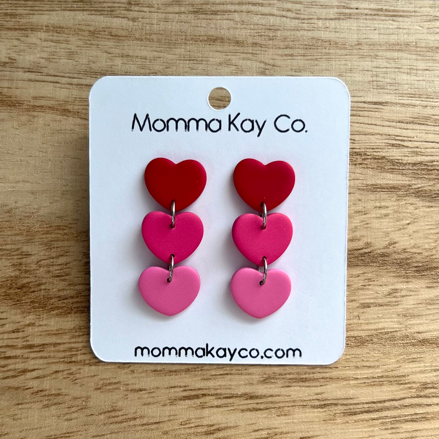 Red 3 Heart Ombre Dangle Polymer Clay Earrings