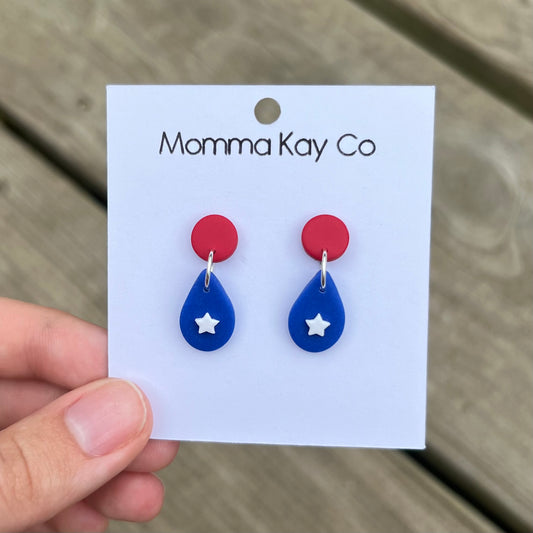 Red White Blue Stars Teardrop Dangle Polymer Clay Earrings