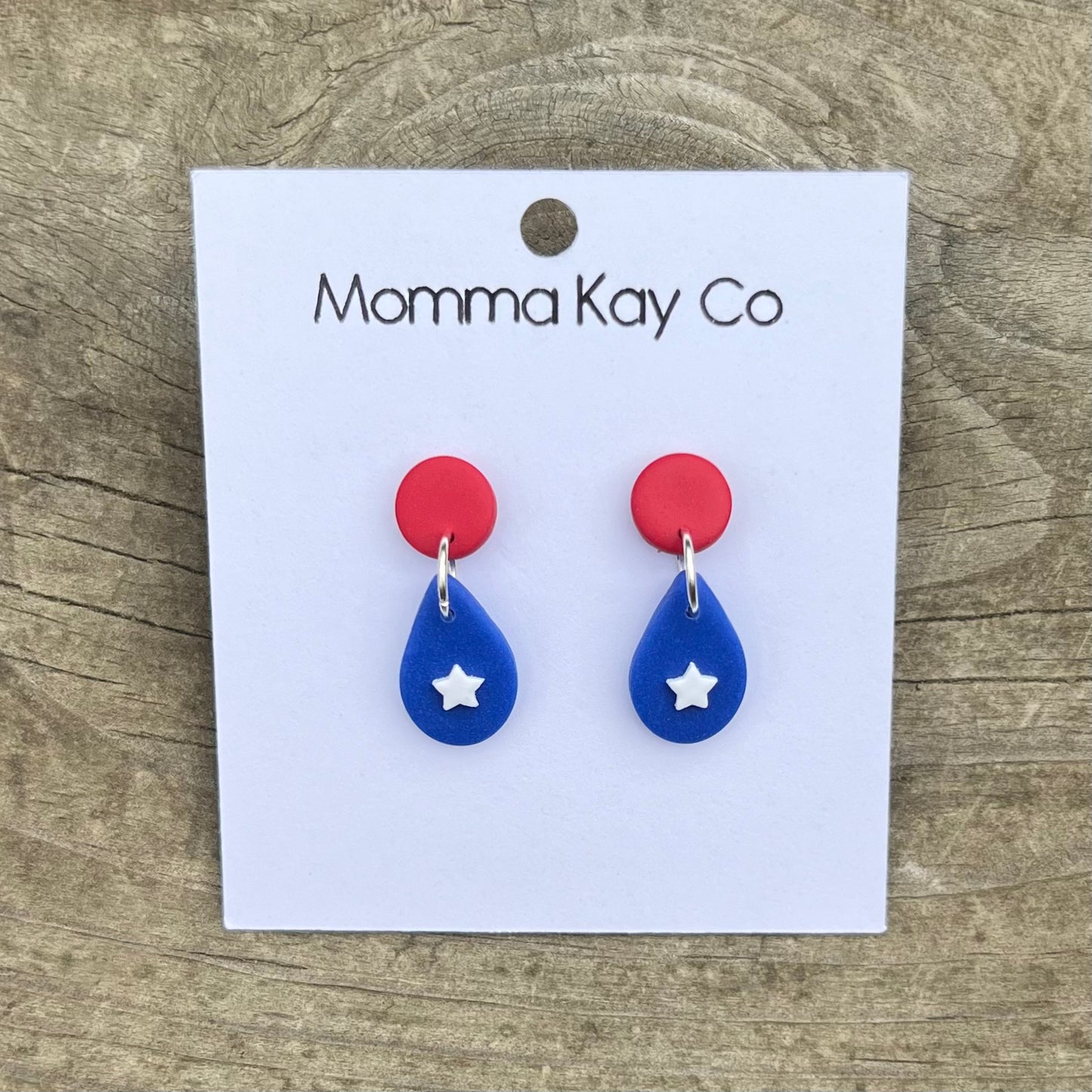 Red White Blue Stars Teardrop Dangle Polymer Clay Earrings