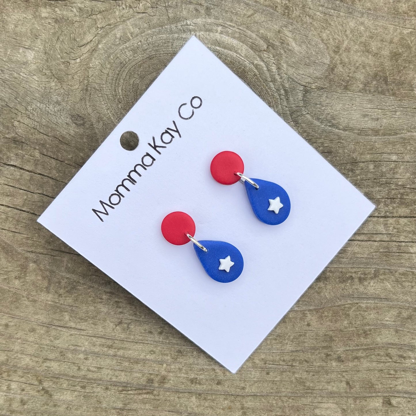 Red White Blue Stars Teardrop Dangle Polymer Clay Earrings