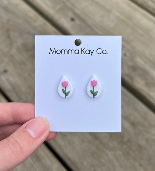 Pink Tulip Teardrop Stud Polymer Clay Earrings