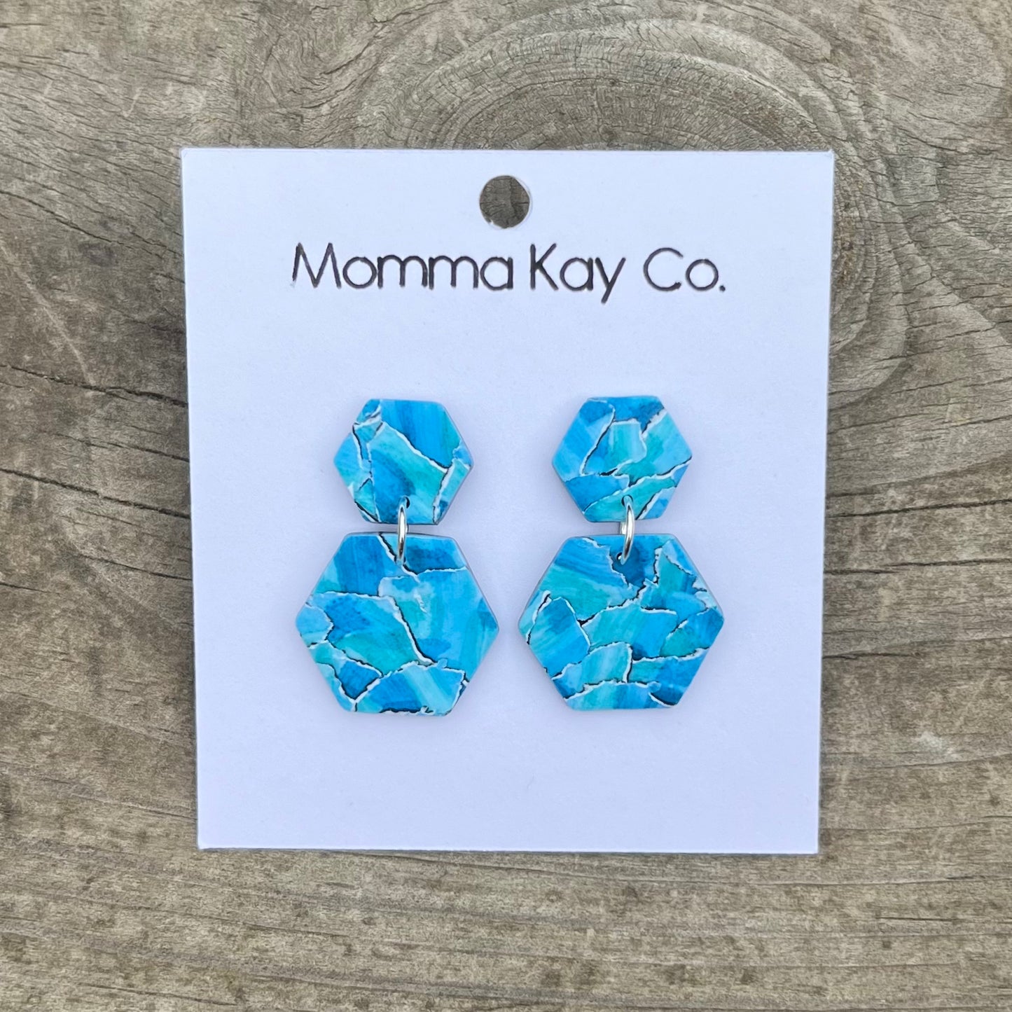 Watercolor Technique #3 Blue Hex Dangles Polymer Clay Earrings