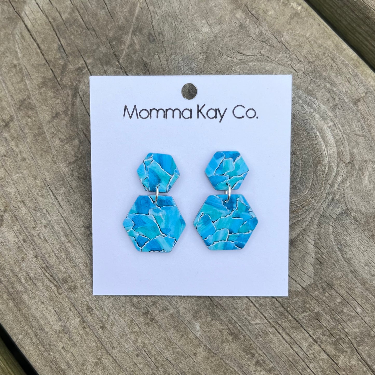 Watercolor Technique #3 Blue Hex Dangles Polymer Clay Earrings