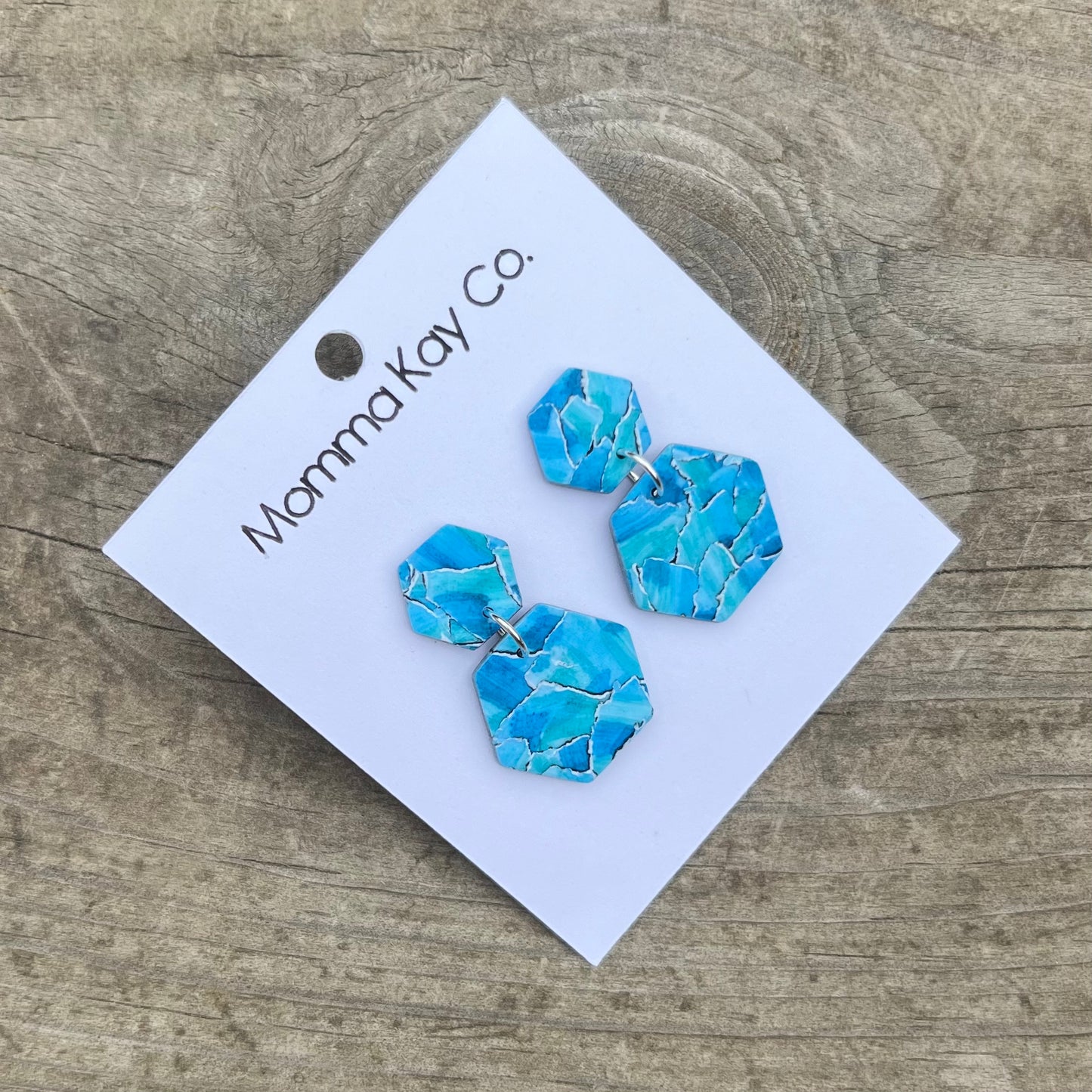 Watercolor Technique #3 Blue Hex Dangles Polymer Clay Earrings