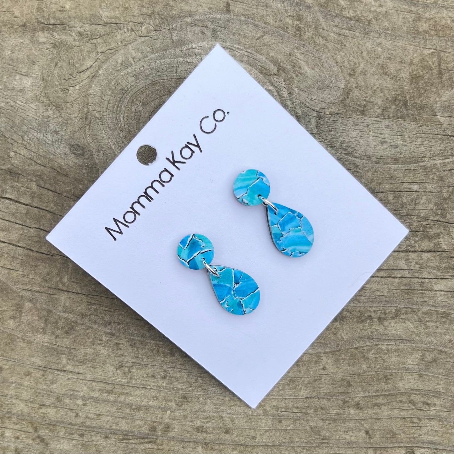 Watercolor Technique #3 Blue Teardrop Dangles Polymer Clay Earrings