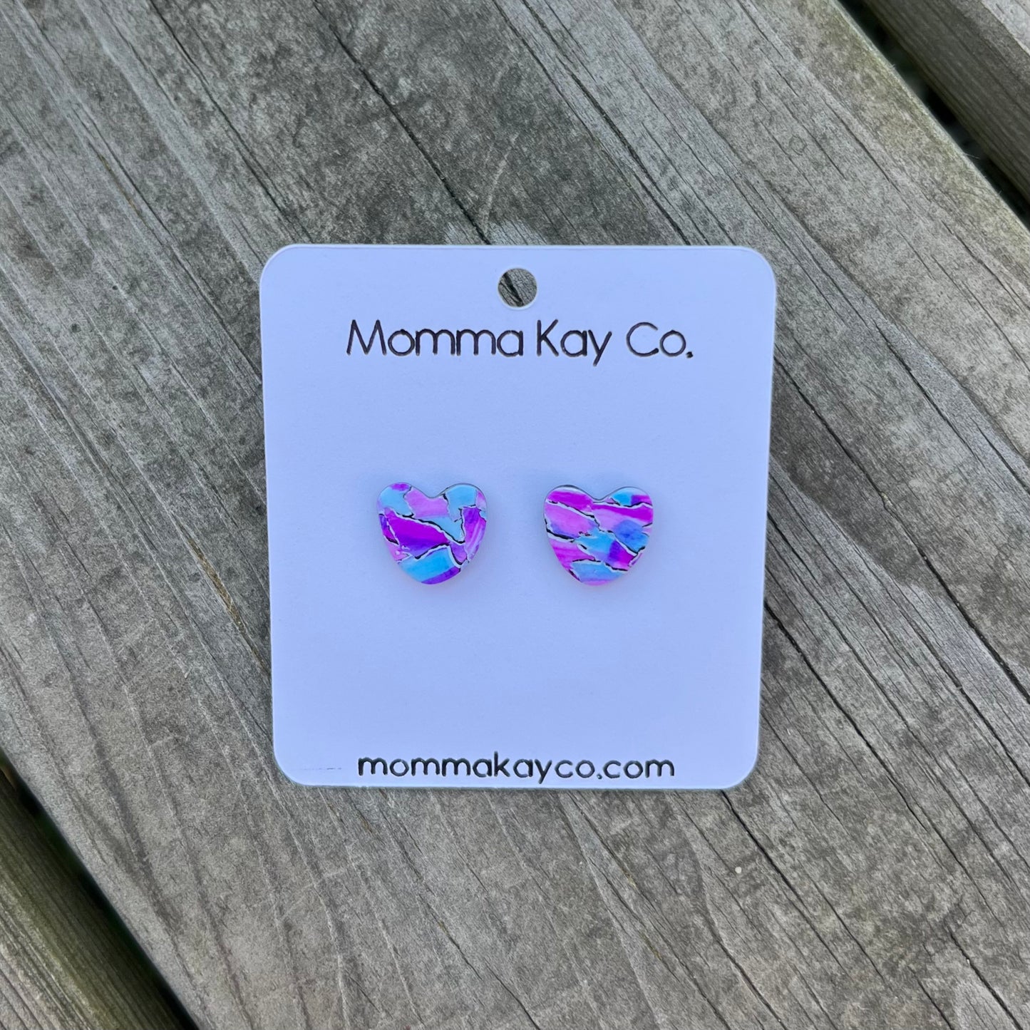 Watercolor Technique #7 Blue And Pink Heart Studs Polymer Clay Earrings