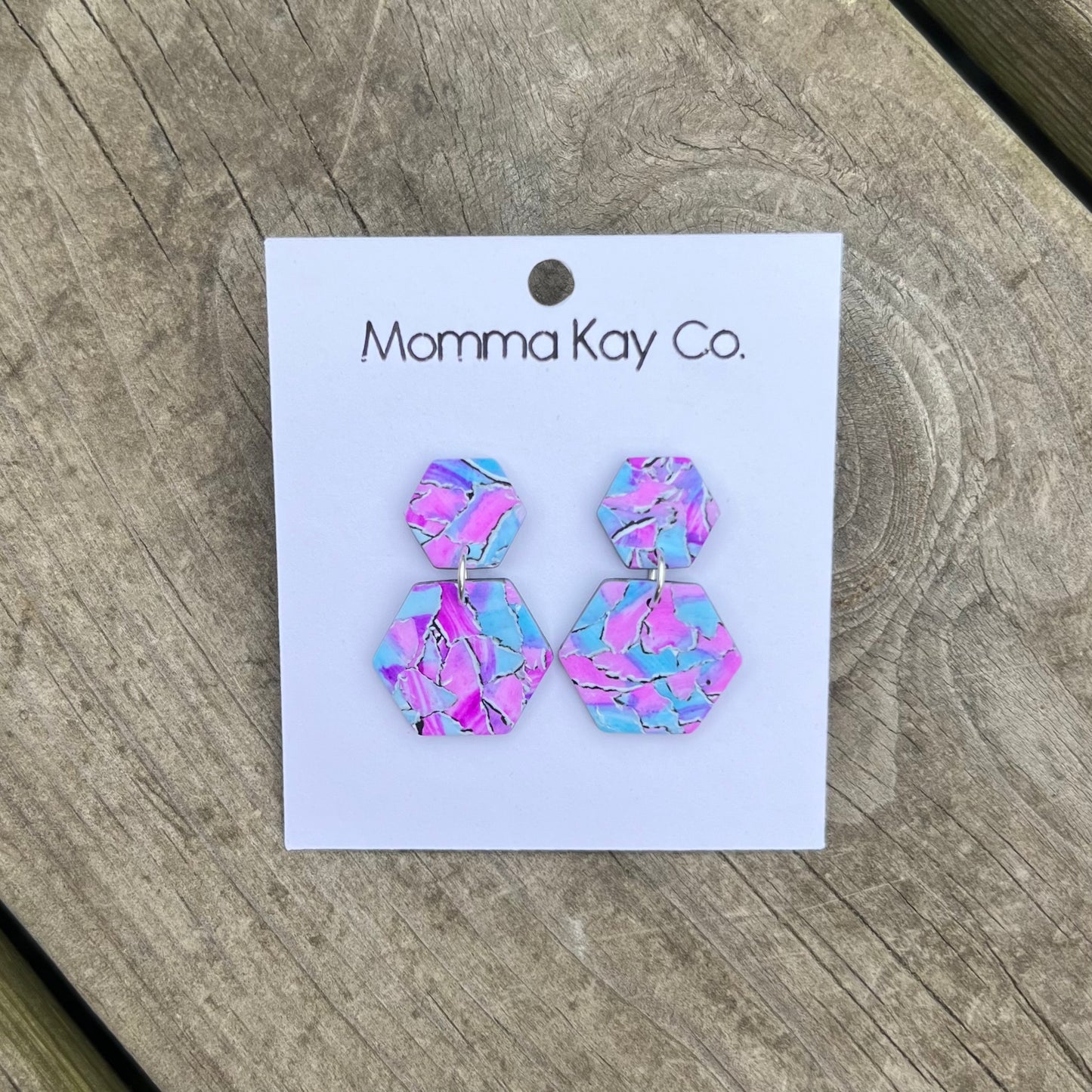 Watercolor Technique #7 Blue And Pink Hex Dangles Polymer Clay Earrings