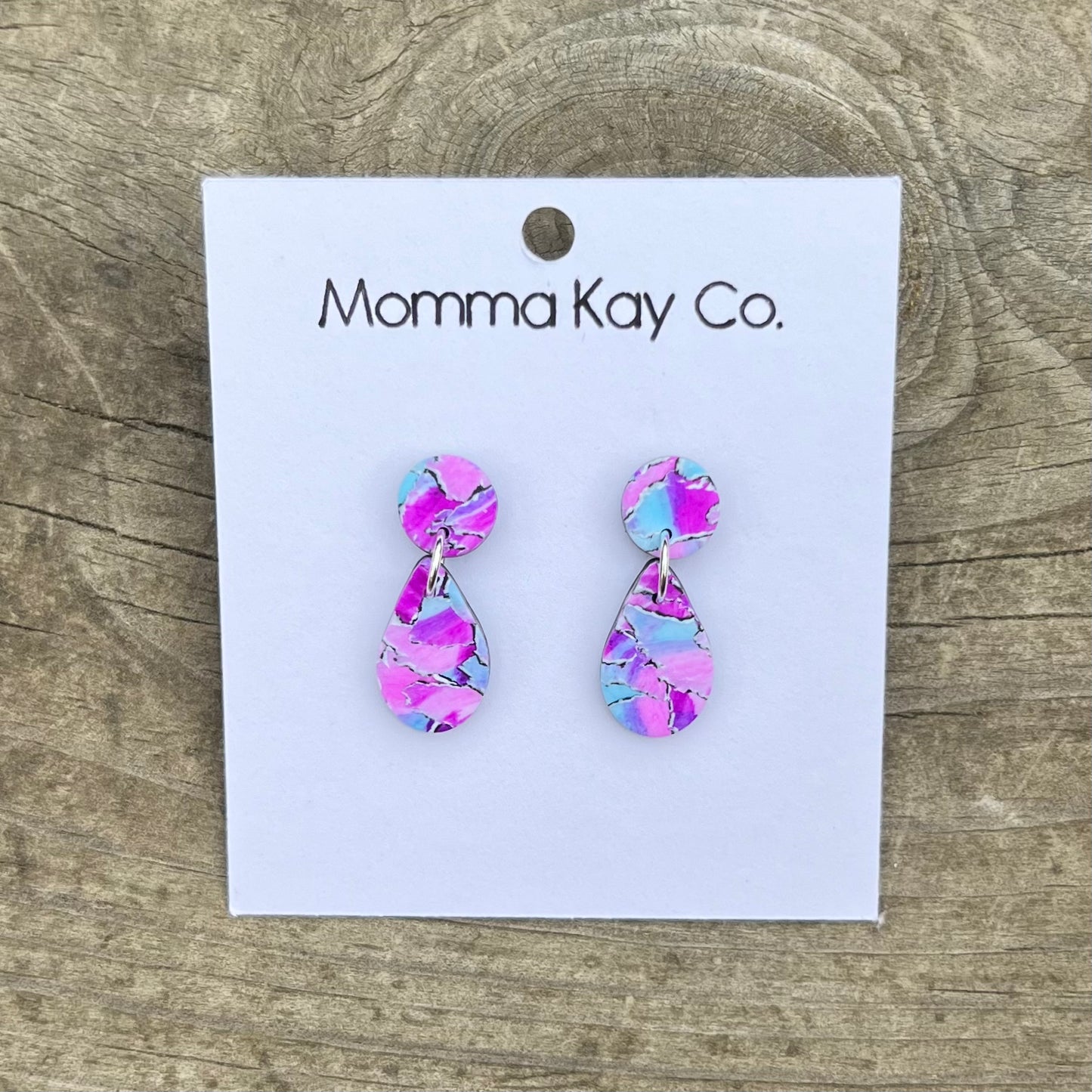 Watercolor Technique #7 Blue And Pink Teardrop Dangles Polymer Clay Earrings
