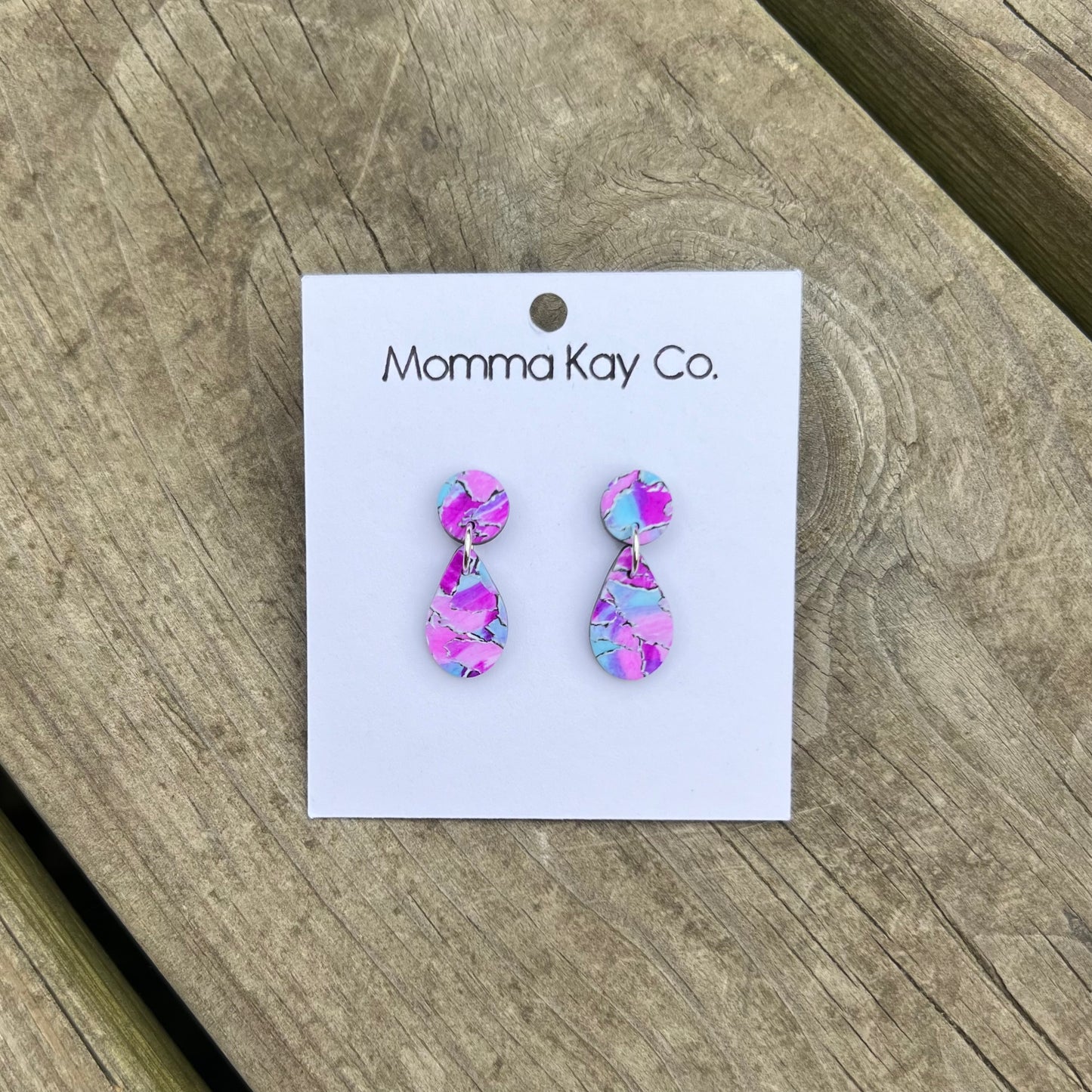Watercolor Technique #7 Blue And Pink Teardrop Dangles Polymer Clay Earrings