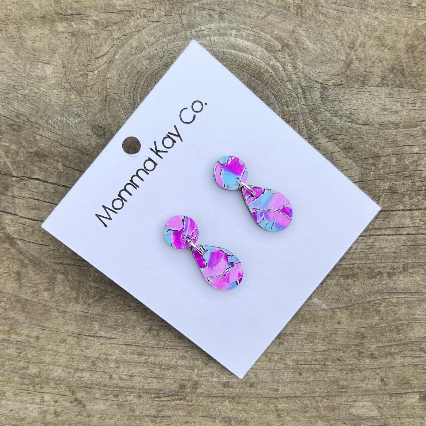 Watercolor Technique #7 Blue And Pink Teardrop Dangles Polymer Clay Earrings