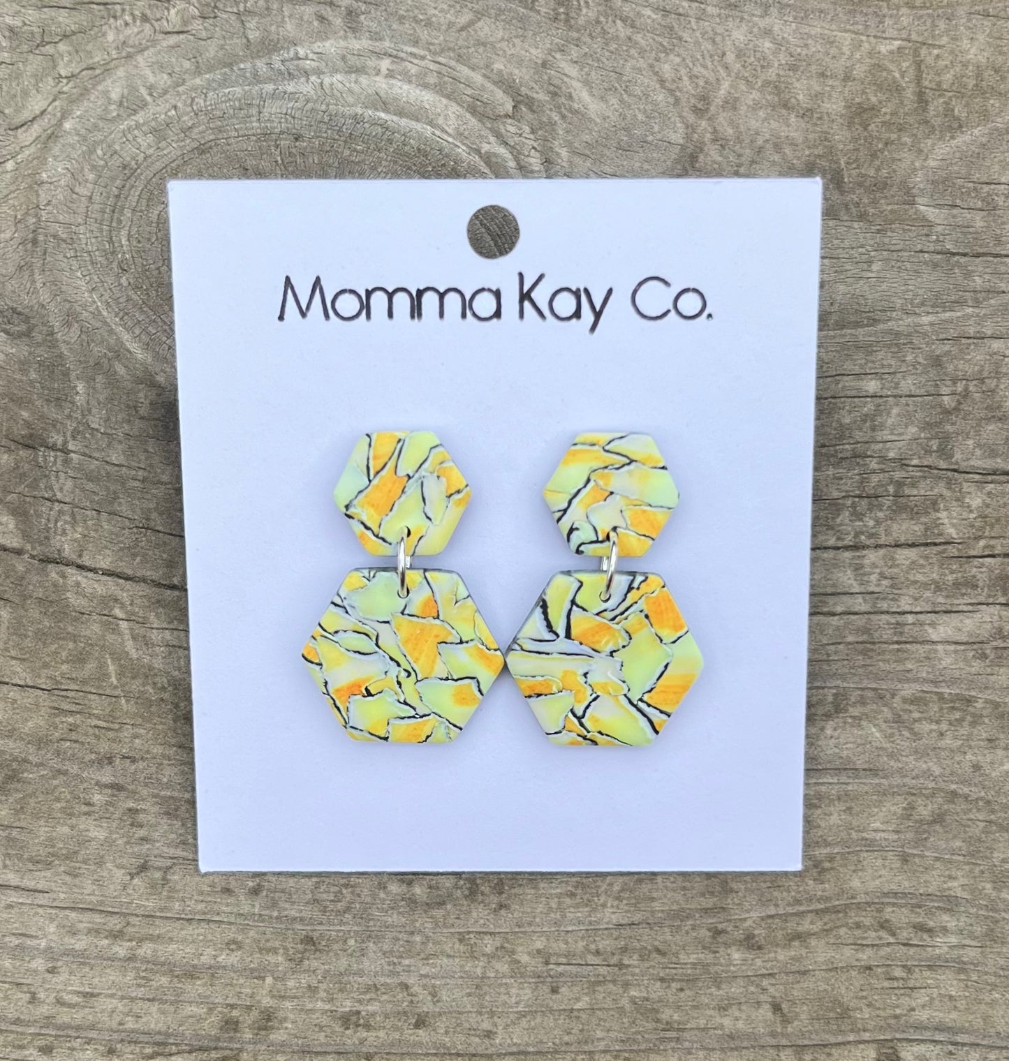 Watercolor Technique #8 Orange And Yellow Hex Dangles Polymer Clay Earrings