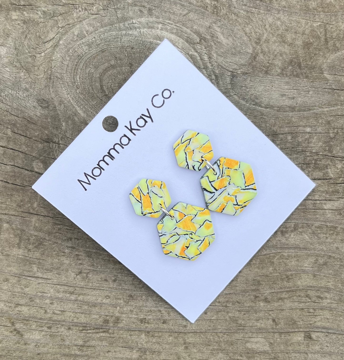 Watercolor Technique #8 Orange And Yellow Hex Dangles Polymer Clay Earrings