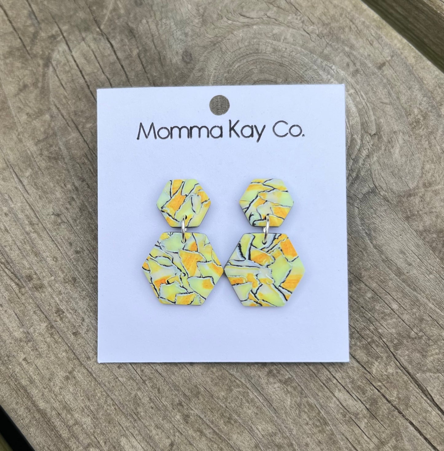 Watercolor Technique #8 Orange And Yellow Hex Dangles Polymer Clay Earrings